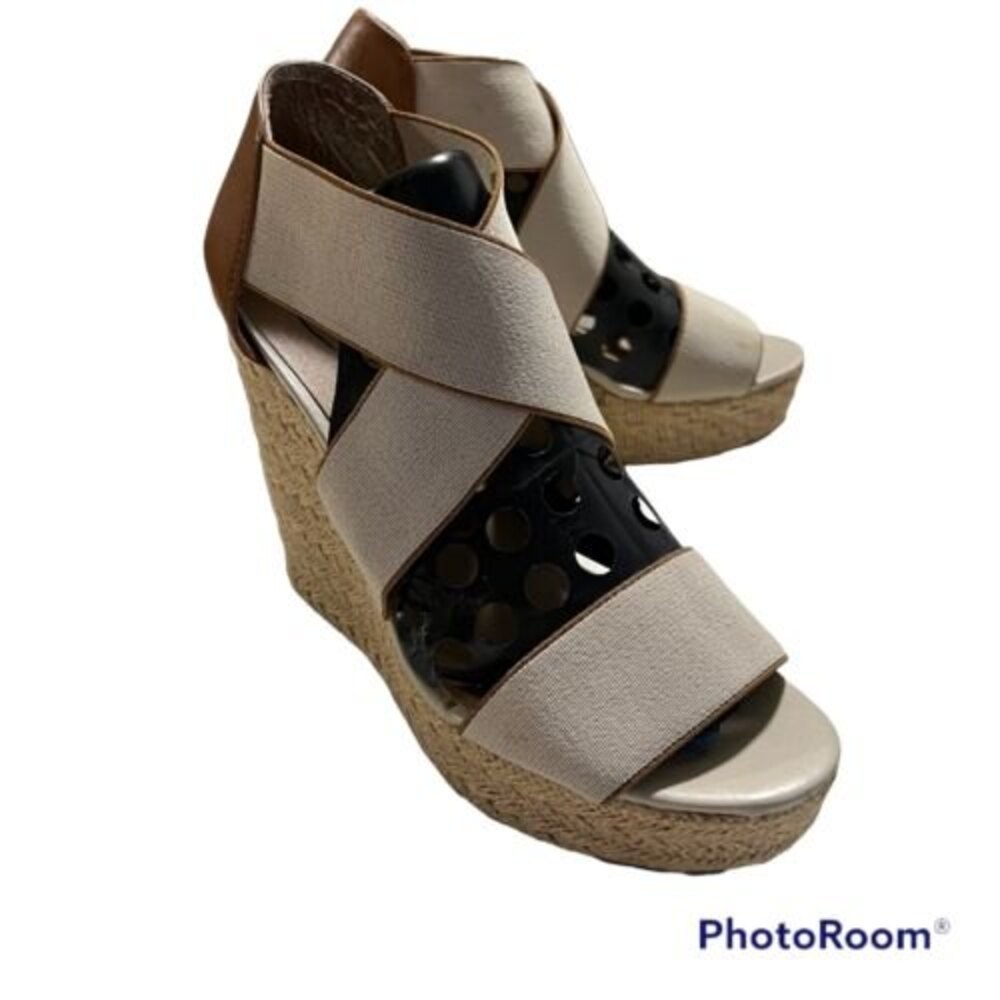 CANDIES Open Toe Beige Espadrille Wedge Platform Heels Elastic Straps Size 7.5M